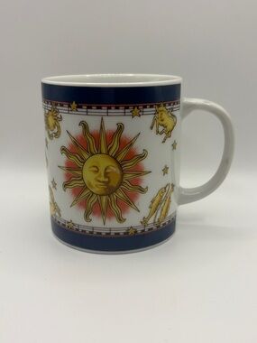 Horchow Celestial Sun and Zodiac Porcelain Mug White, Gold Navy Vintage 1990’s